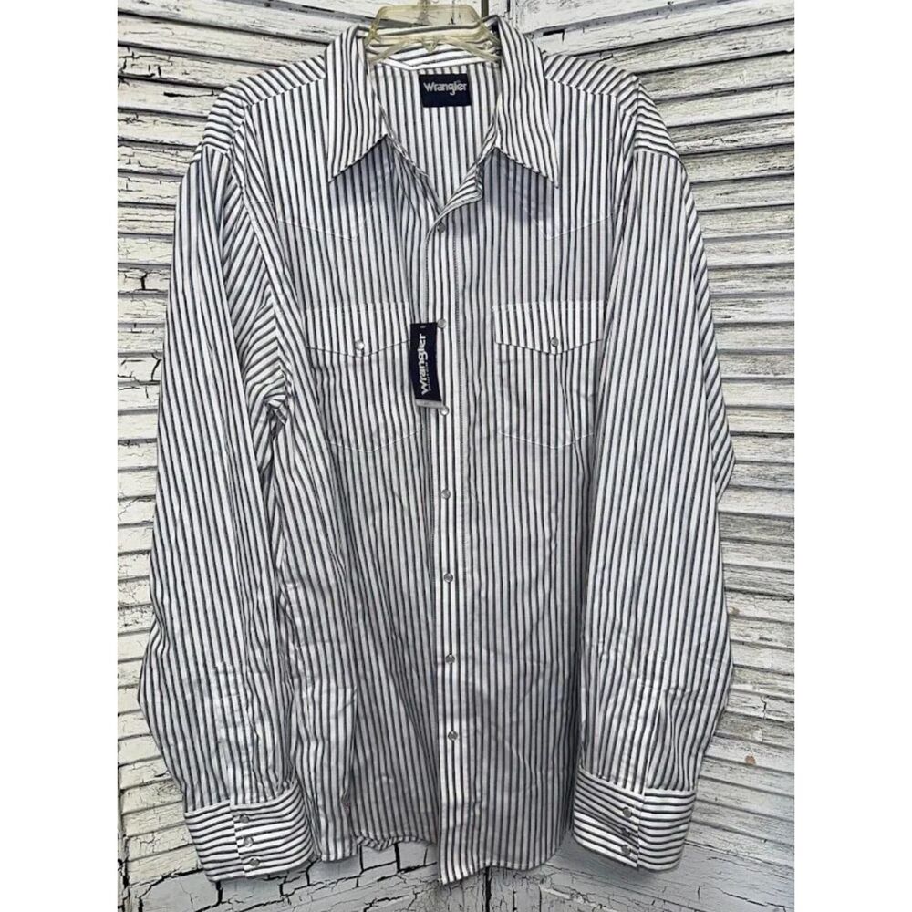 NWT Men's White/Blue Striped Wrangler Pearl Snap Shirt Size 2XLT